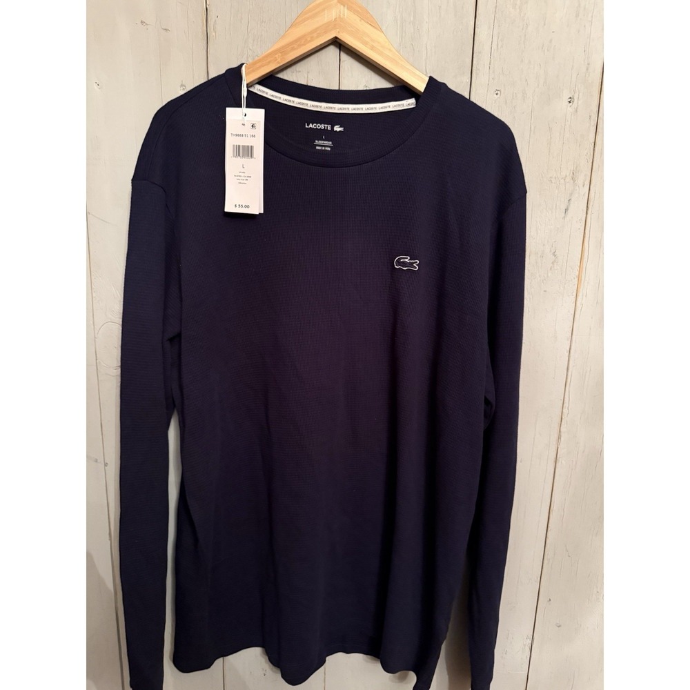 Lacoste Sleepwear Men's Navy Blue Waffle Knit Thermal Long Sleeve Lounge T-Shirt
